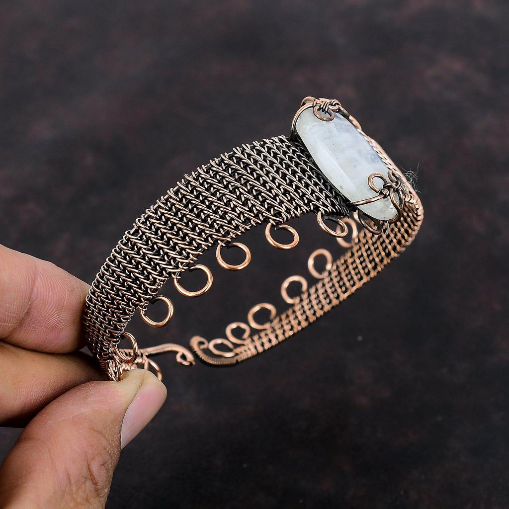 Радужный браслет из лунного камня, драгоценный камень, браслет-манжета из медной проволоки, ювелирные изделия ручной работы, регулируемый браслет, ювелирные изделия из медной проволоки, подарок на годовщину