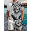Новый мужской комплект с принтом льва Стильный комплект из футболки и шорт на кулиске Летний мужской уличный стиль Спортивная одежда из двух частей