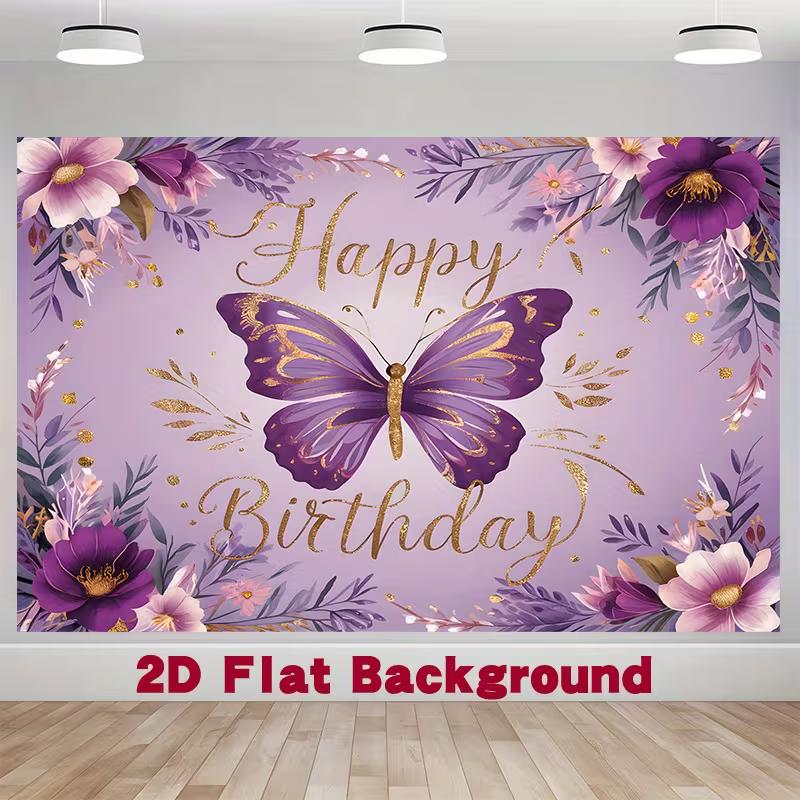 2D Whimsical Purple Butterfly Birthday Backdrop with Flowers Photo Booth Banner