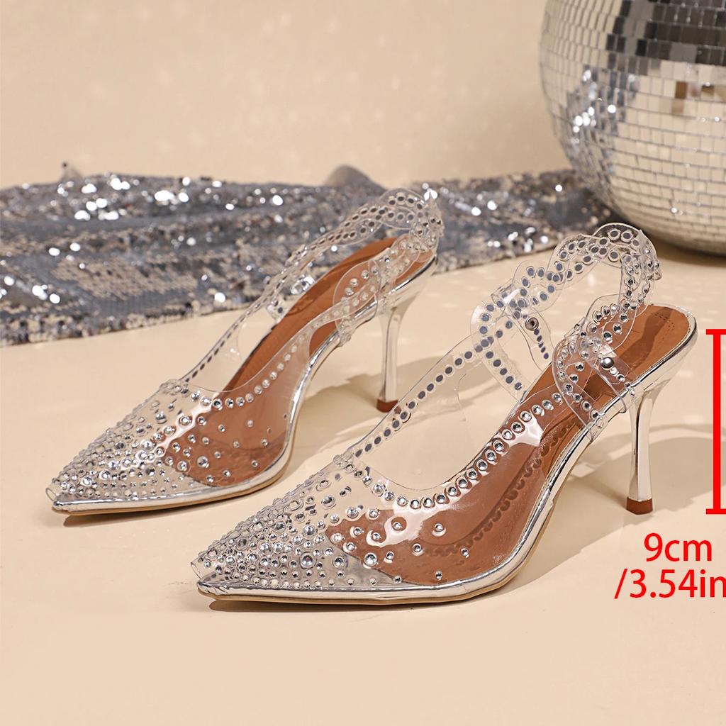 Summer Fashion Women's Sandals New Style Stiletto Pointed Rhinestone Transparent Crystal Shoes Silver High Heels Sandals