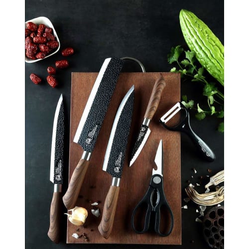 Utaki Stainless Steel Kitchen Knife Set: Santoku, Vegetable Knife, Sashimi Knife, Petty Knife, Scissors, and Peeler. A great value 6-piece set!