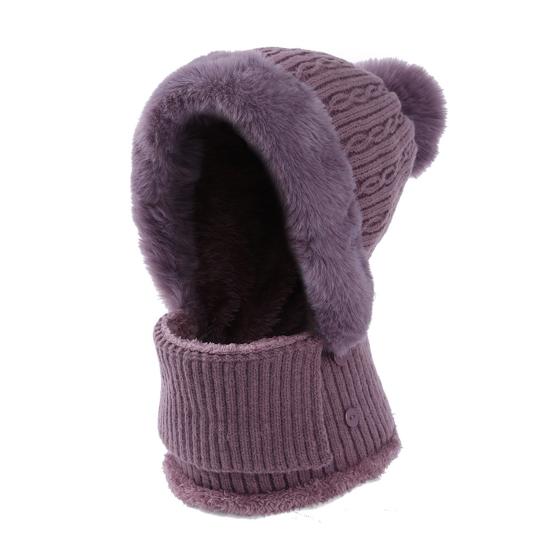 Winter Ladies Hat with Scarf Knitted Thick Plush-lined Windproof Pom-pom Hat Full Protecting Cycling Outdoor Cap Elastic Headwear