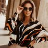Women Fashion Lantern Sleeve Oversize Striped Printed Shirt Blouse Top