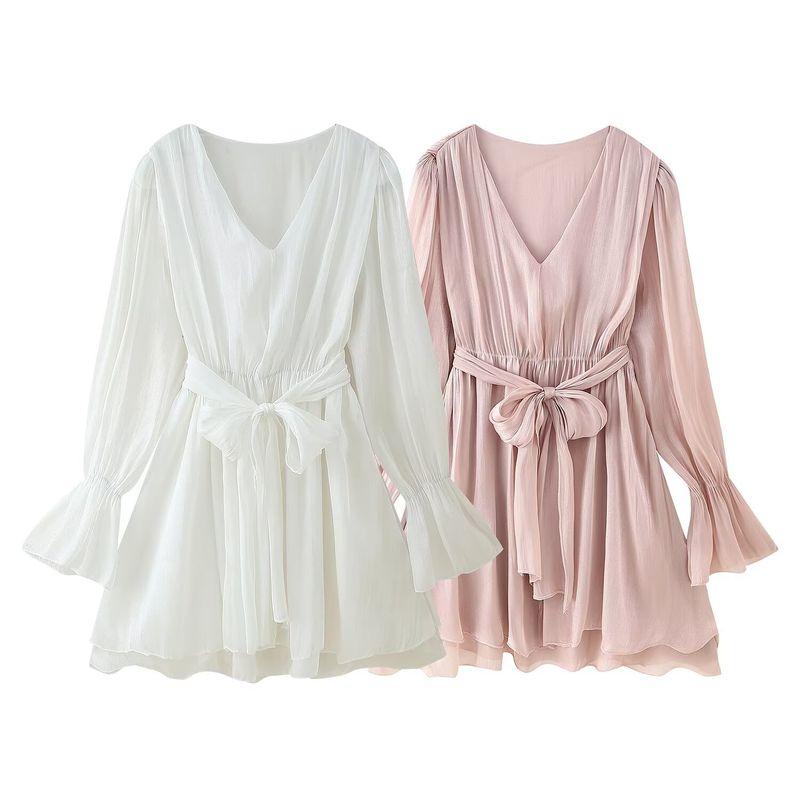 Kaslead New Women Clothes Western Style Simple V-neck Bell Sleeve Waist Hugging Ribbon Dress