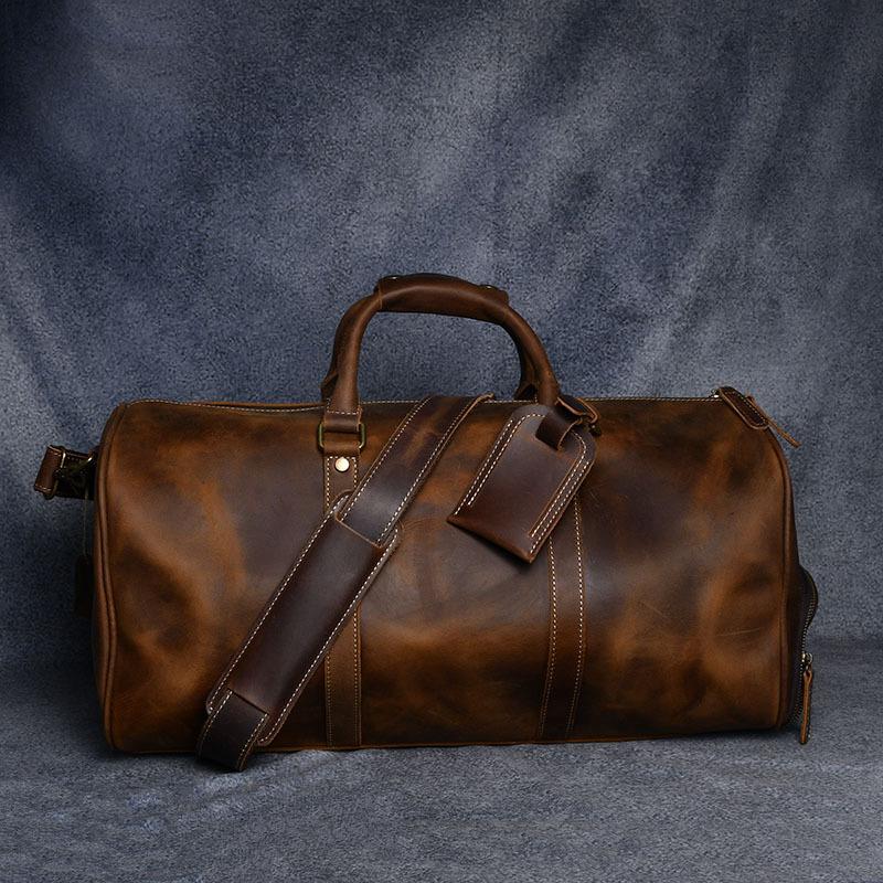 Crazy Horse Leather Travel Bag Luxury Genuine Leather Men Women Travel Bag Cow Leather Carry On Luggage Bag Weekend Duffle Bag