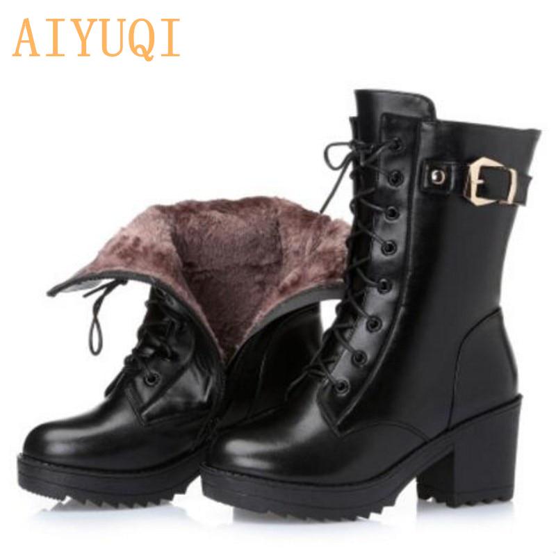 High-heeled Genuine Leather Women Winter Boots Thick Wool Warm Women Marton Boots High-quality