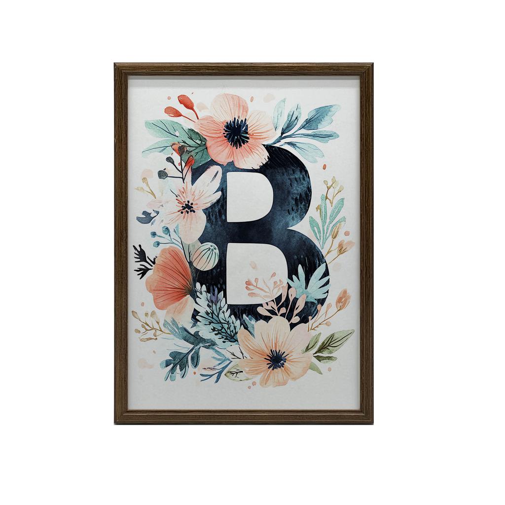 Plakat Litera "B" Otoczona Kolorowymi Kwiatami Plakat Litera "B" Otoczona Kolorowymi Kwiatami, 30X40 Cm, Rama Drewniana Ciemny Brąz, Papier Matowy 230