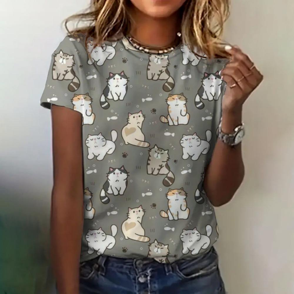 Женская футболка с принтом кошки, одежда 2024 года, летний круглый вырез, короткий рукав, элегантный повседневный топ, свободная дышащая женская одежда, футболка