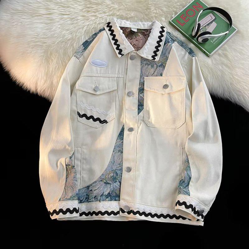 Men's Patchwork Sleeve Denim Jacket - Long Sleeve, Trendy Hong Kong Spring/Autumn Style with Badge Details
