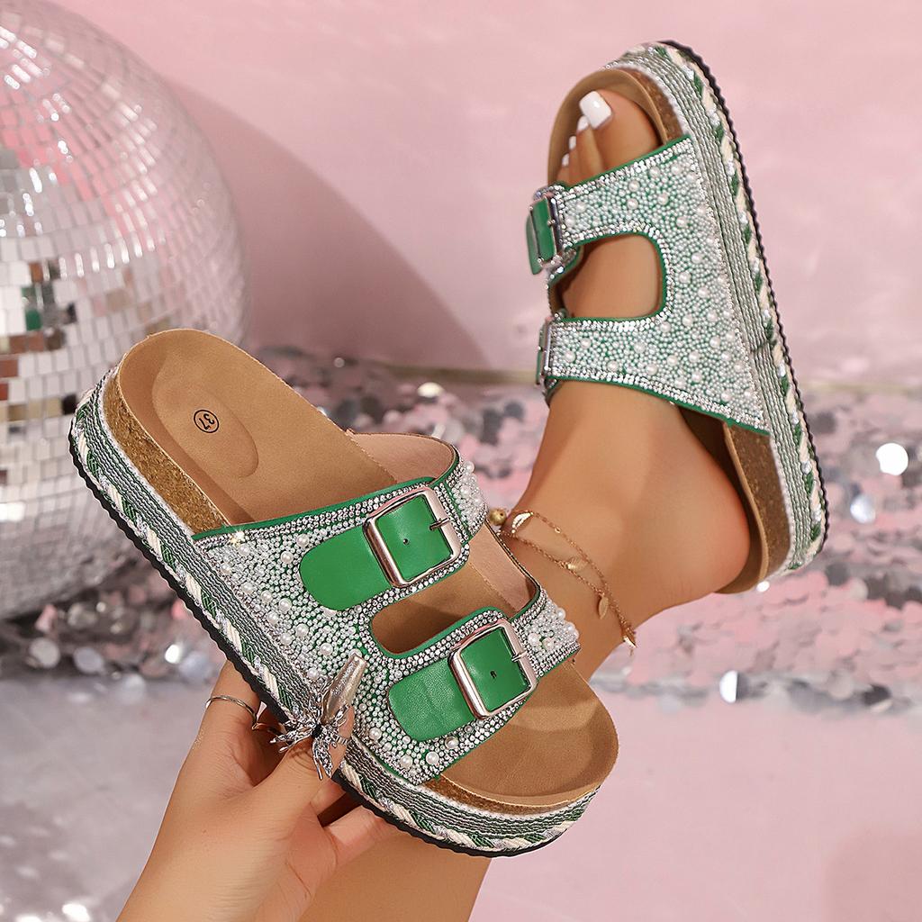 2025 new foreign trade thick-soled hemp rope double-buckle rhinestone cork beach slippers large size women's shoes sparkling