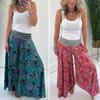 Women Summer Casual Pants Wide Leg Elastic High Waist Long Pants Retro Printing Culottes Loose Fit Flowy Trousers Streetwear