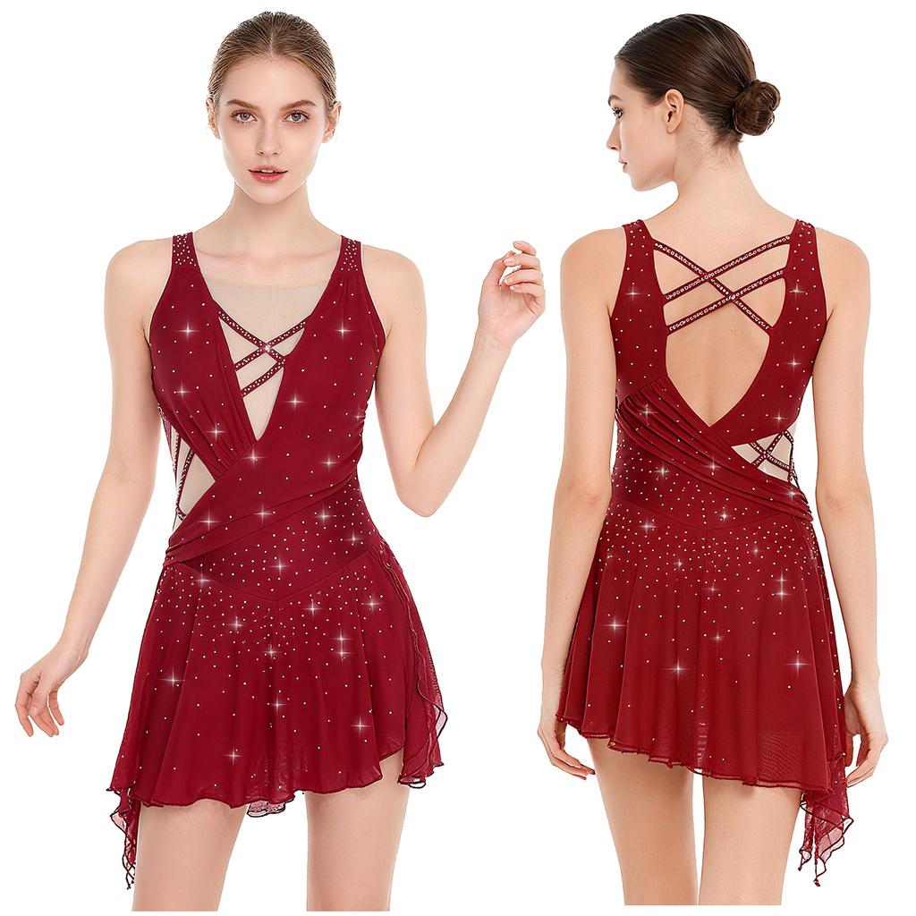 Женское танцевальное платье, украшенное стразами - Без спины с боковым разрезом, Струящийся асимметричный подол, Встроенная ластовица и кнопки для сценических мероприятий