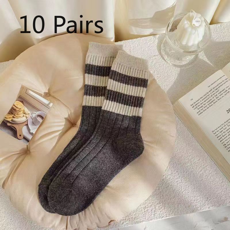 10 Pairs of Women's Autumn and Winter Socks Retro Thick Striped Tube Stack Socks