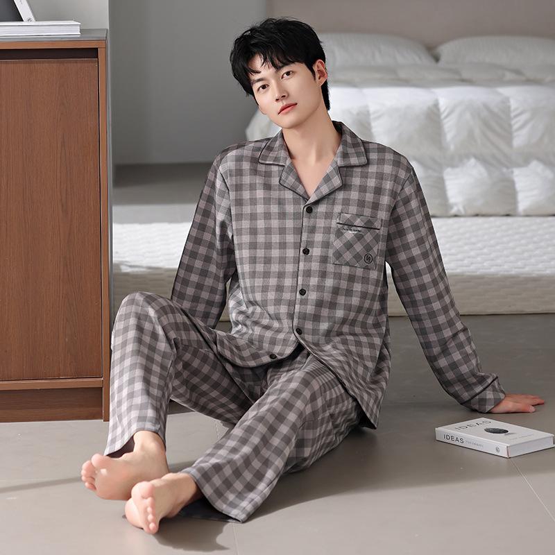 Men'S Pajamas Men'S Spring And Autumn Models, Pure Cotton Long-Sleeved Men'S Autumn Cotton Loungewear Set
