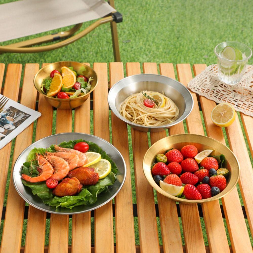 4PCS/SET Stainless Steel Outdoor Dining Plate Bowl Straw Hat Design Dessert Plate Easy To Clean