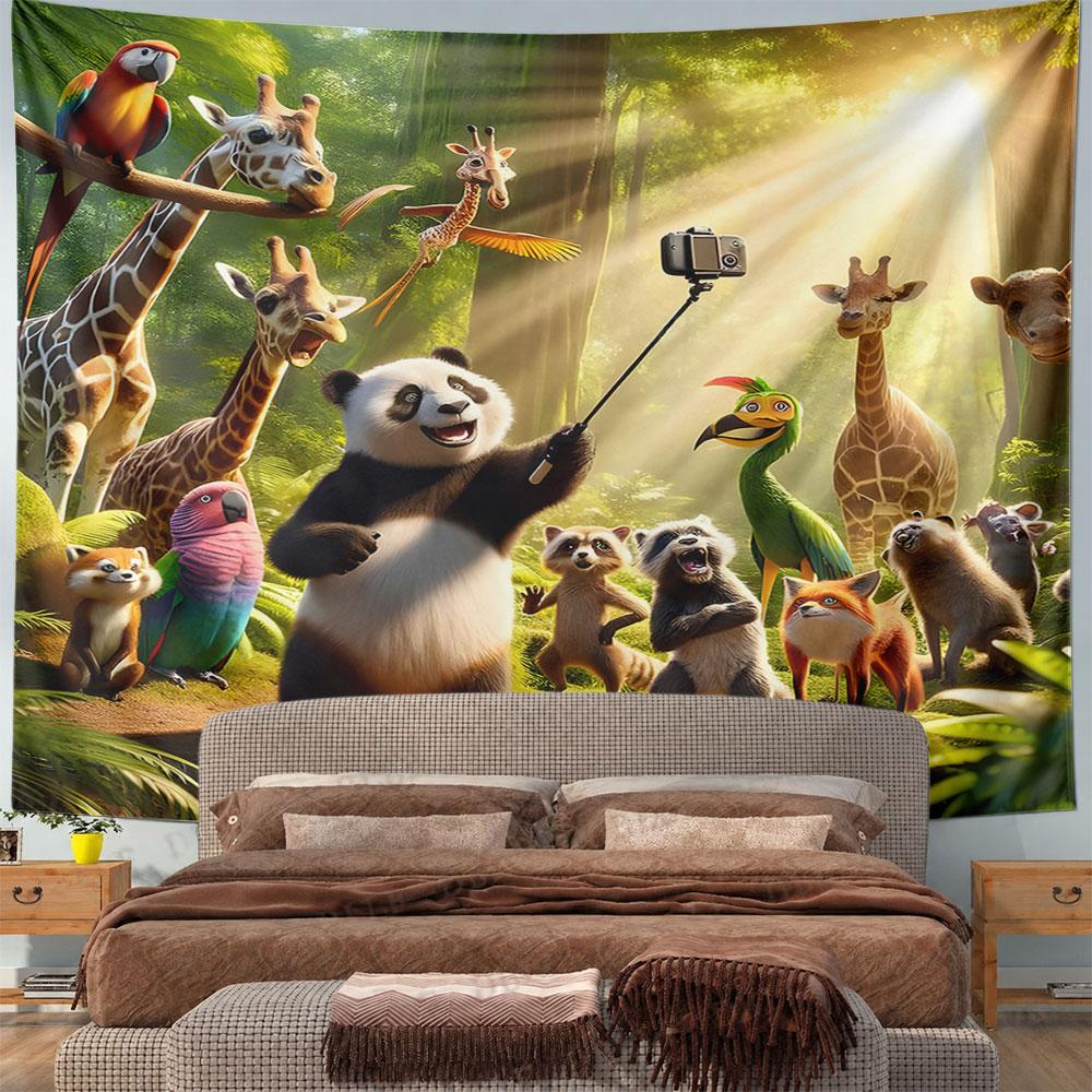 "Panda With Animals Taking Selfie in Forest" Pattern Wall Hanging Tapestry Decorative Tapestry Home Decor for Bedroom and Living Room