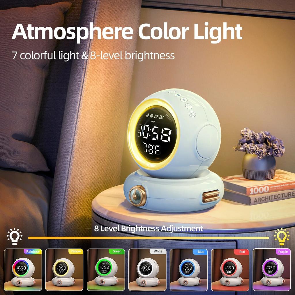 Remote Wake Up Light Alarm Clock with Sunrise Simulation Astronaut Dual Alarms Wireless Speaker FM Radio Nightlight Bedside Lamp