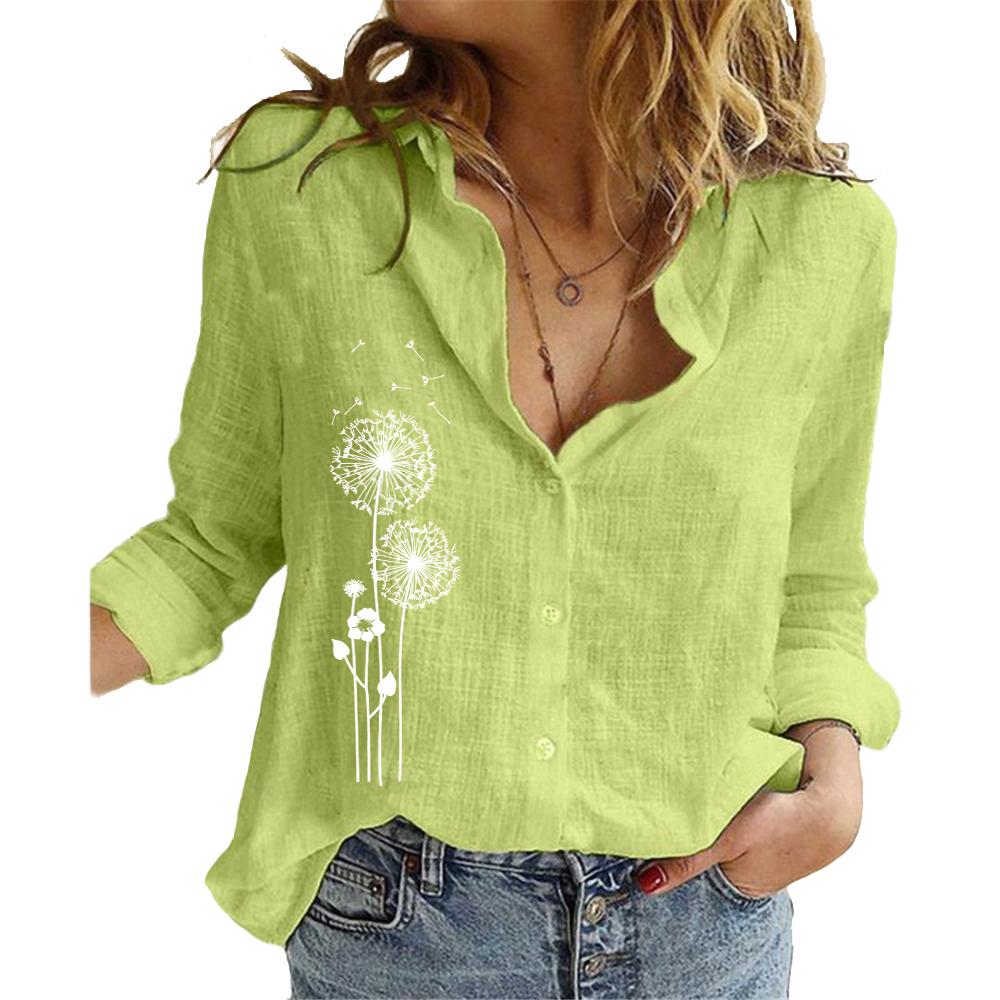 Женская модная футболка с длинным рукавом, летняя и осенняя хлопково-льняная свободная верхняя одежда, женские повседневные блузки на пуговицах с воротником с лацканами и принтом