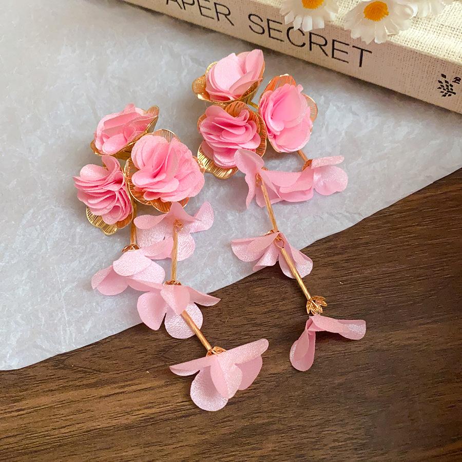 Steel needle chiffon flower fringed earrings summer vacation style fashion earrings exaggerated sweet earrings design sense niche