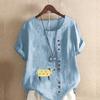 Women's New Fashion Linen Shirt Round Neck Short Sleeve Cattle Printed T-shirt Summer Ladies Casual Plus Size Blouse Tops
