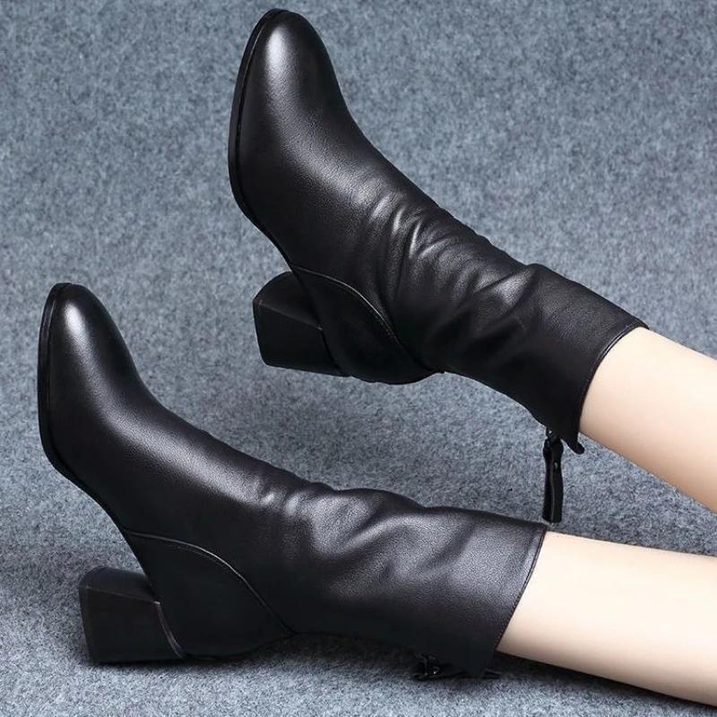 Fashion Leather Middle Heel Mid Calf Shoes Woman Winter 2025 Novelty Trend Demi-season Chic and Elegant Sale Half High Boots for Women