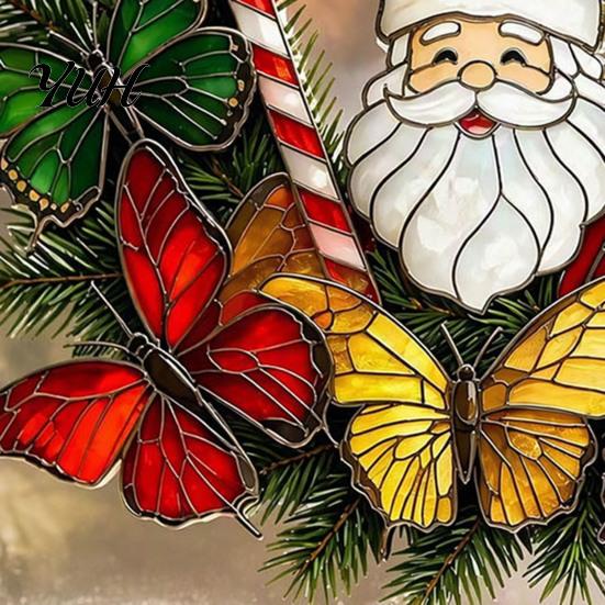 Creative Window Stickers for Home Christmas Wreath Sticker, Stained Glass Style, Removable Santa Butterfly Candy Cane Party Decor Decal, PVC