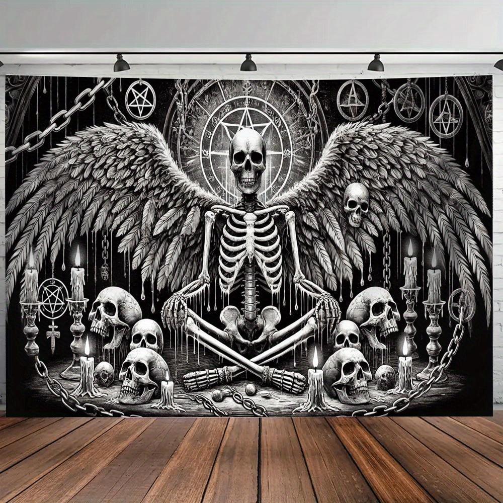 Dark Skull Angel Pentagram Tapestry, Black White Gothic Ritual Wall Art for Bedroom Living Room Dorm