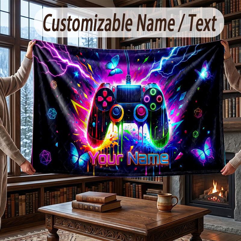 Game Controller Theme Throw Blanket Custom Name Text Personalized Blanket Soft Cozy Blanket for Home Sofa Bed