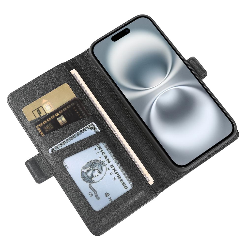 For iPhone 16 Wallet Case with Dual Magnetic Clasp Litchi Textured Leather Flip Stand Phone Cover
