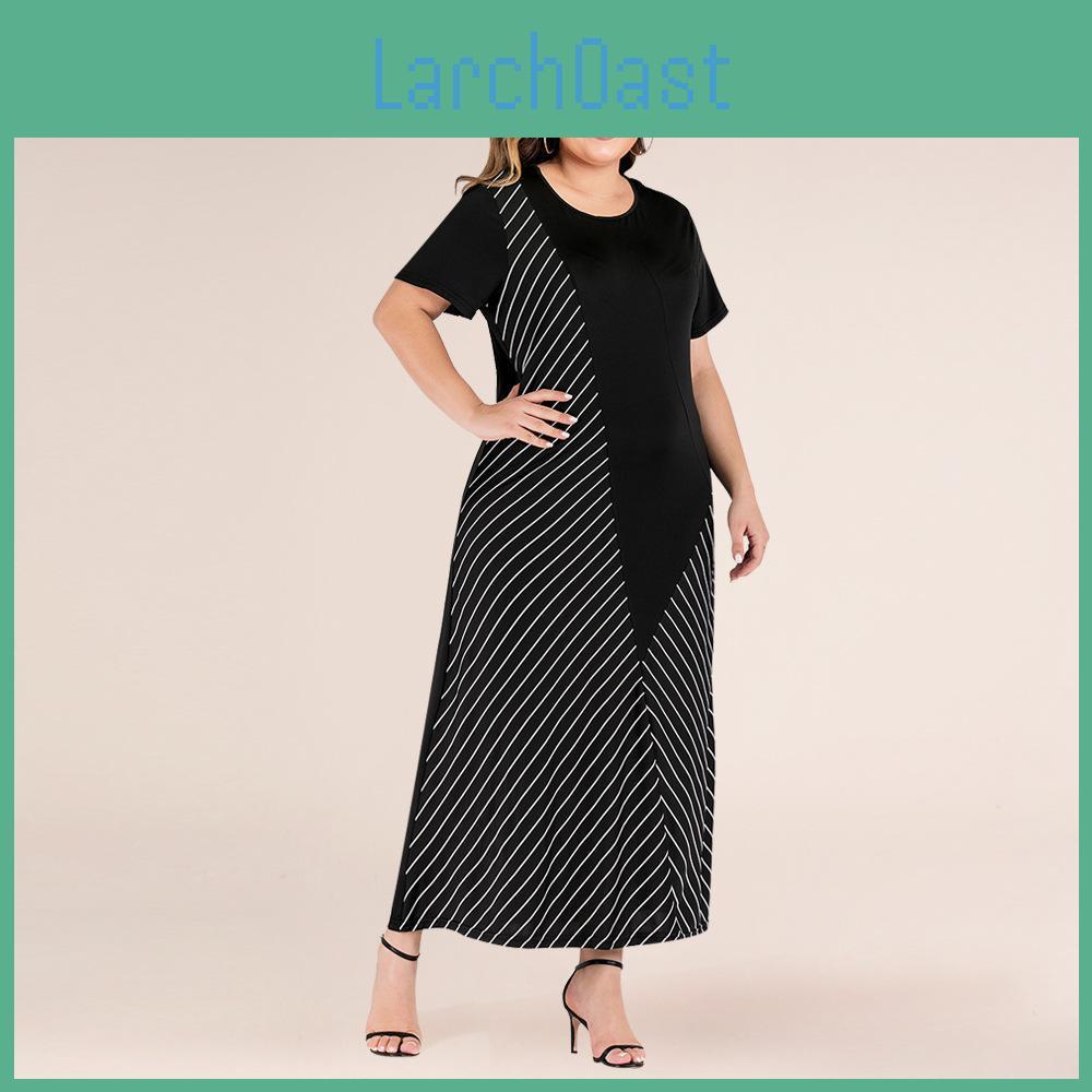 Women Spring Size Summer Plus Patchwork Striped Loose Belly Covering Long Dress Xl4xl