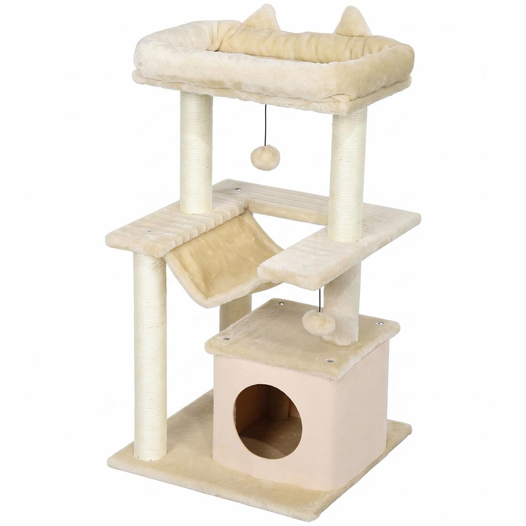 Cat Tree 90cm Cat Tower With Sisal Scratching Posts Cat Condo Hammock Top Perch And 2 Hanging Toys For Cats Beige