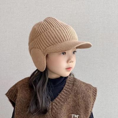 Детская бейсболка с ушками, зимняя вязаная шапка для мальчиков, теплая шапка-бини с козырьком для малышей и детей постарше, шапка-бини для холодной погоды