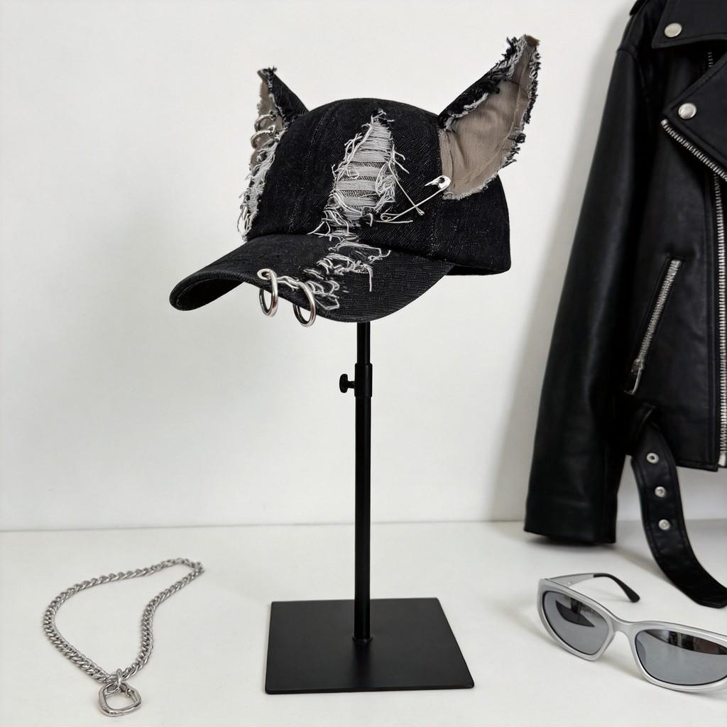 Y2k Postapocalyptic Style Denim Distressed Cap With Sun Protection For Streetwear Enthusiasts