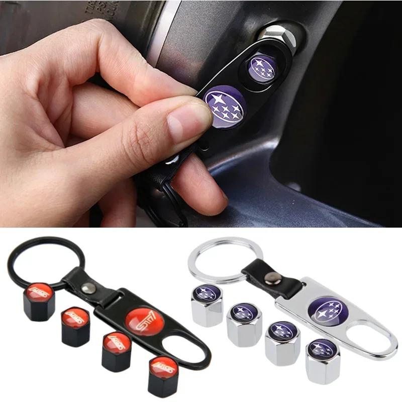 Car Tire Rim Valve Caps with Keychain Wheel Accessories for Subaru Forester XV Tribeca Outback Impreza Legacy STI WRX BRZ