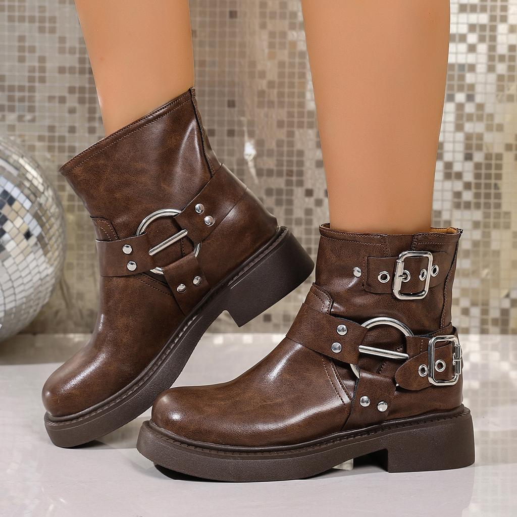 Fashion Punk Metal Belt Buckle Decoration Ankle Boots Women 2025 Autumn Medium Heel Slip On Western Booties Bohemia Brown Riding Boots