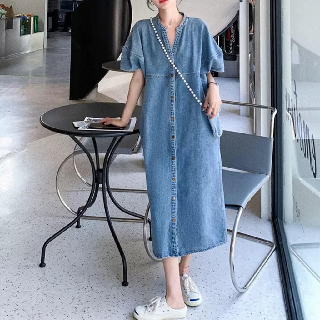 French Vintage Washed Denim Dress Women Slimming Pear Shape Body Casual V-neck Mini Dress Short Sleeve Empire Waist