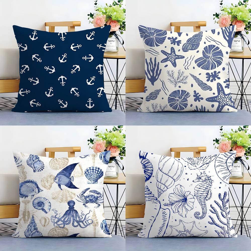 Home Decor Blue Nautical Anchor Pattern Throw Pillow Cover Pattern Cushion Cover Suitable for Sofa Bedroom Car Pillow Cover