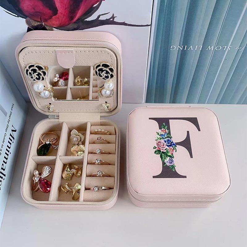 PU Jewelry Box Storage Mirror Box 26 Printed Letter Jewelry Box Portable Jewelry Storage Box Earring Ring Box
