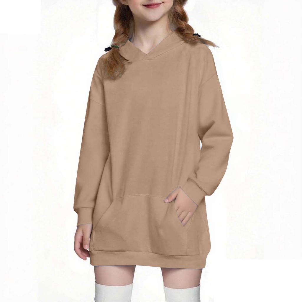 Children's Fashion Solid Color Long Sleeved Hooded Sweatshirt Girls' Mid Length Hoodie Top