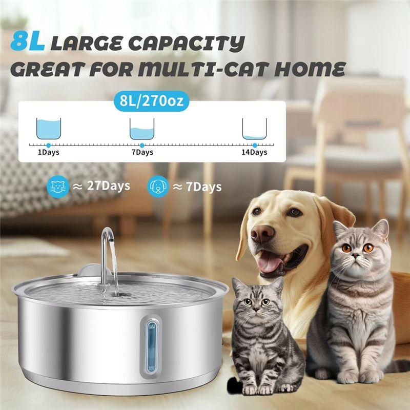 ABMH Stainless Steel 8L Large Capacity Cat Water Fountain, Dog Drinking Dispenser with Filter for Pets