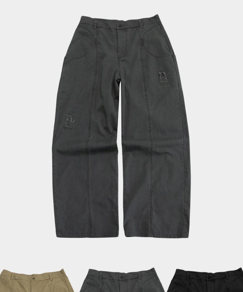 PLACESTUDIOMAN Washed Vintage Front Cut-Point Damaged Wide Cotton Pants _3 Colors