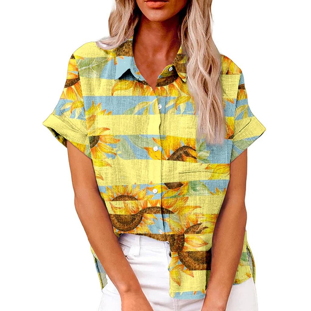 Женская модная свободная повседневная рубашка с коротким рукавом и отворотом на пуговицах, футболка с принтом, топ