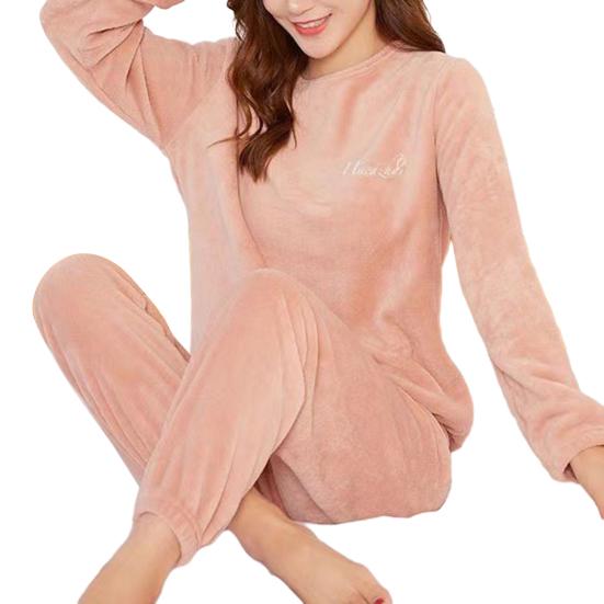 2 Pcs/Set Women Winter Pajamas Set Soft Thick Plush Cold Resistant Solid Color Round Neck Elastic Waist Long Sleeve Lady Homewear Sleeping Set