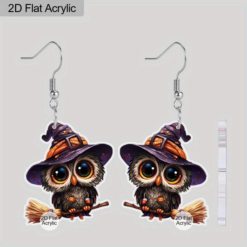 2D Flat Cute Acrylic Witch Hat Broom Owl Hanging Earrings Ladies Halloween Accessories Charm Jewelry Gifts