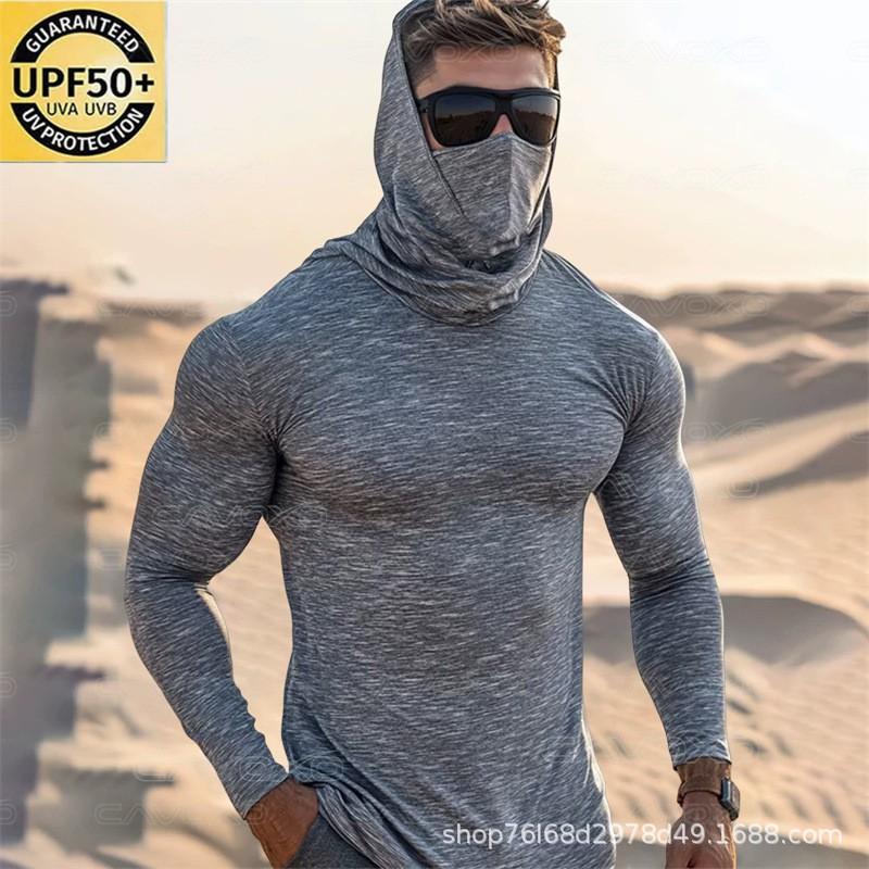Mens Long Sleeve UPF 50 Quick Dry Hooded Rash Guard Surfing Diving Fishing Outdoor Sports