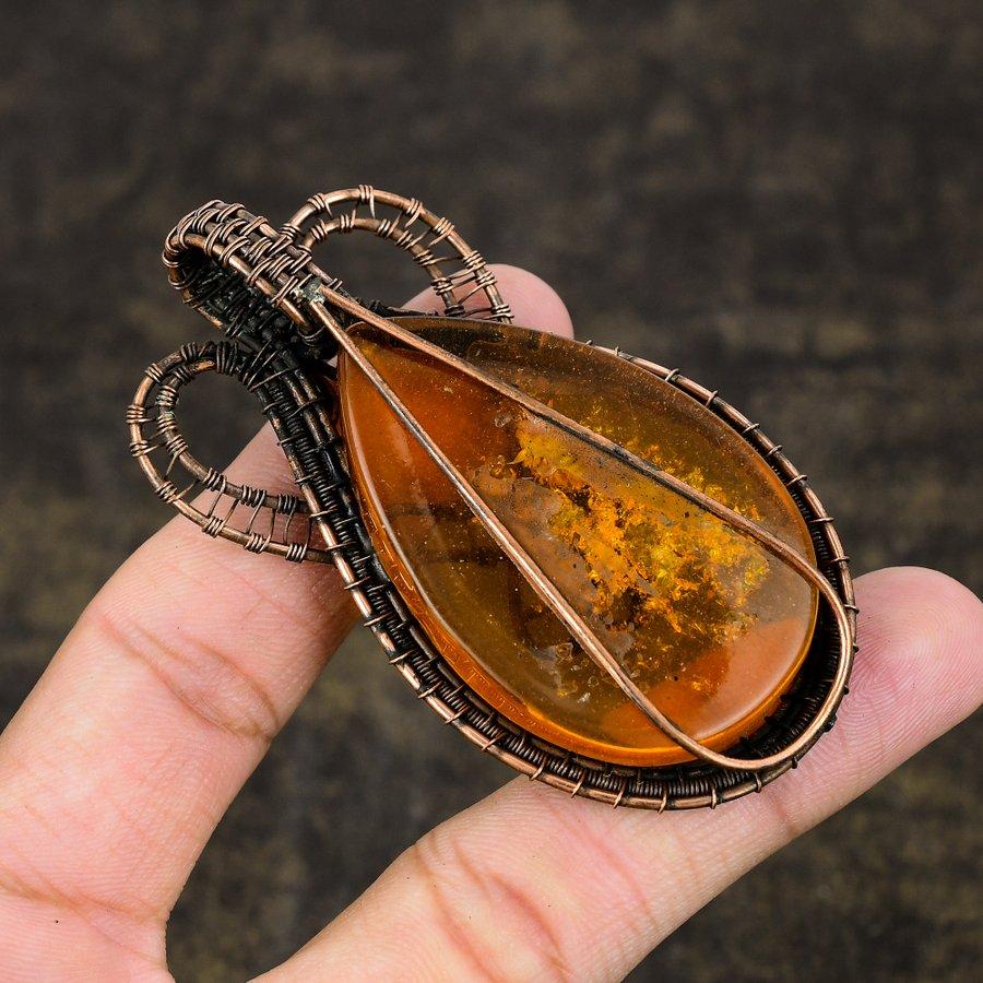 Подвеска ручной работы из медной проволоки из натурального балтийского янтаря, 3,03 дюйма, v0g66
