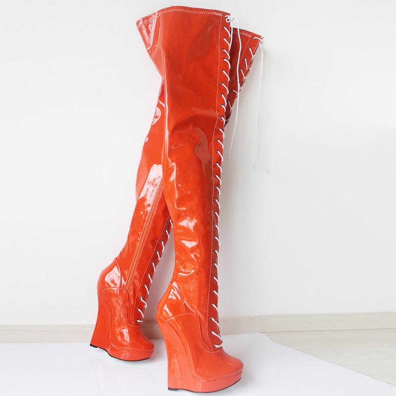 FHC Экстремально высокие 7"/18 см клиновидные каблуки ботфорты до промежности, лакированные ботфорты до бедра, шнуровка, сексуальная платформа, молния, балетки, черные