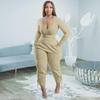 European & American Plus Size V-Neck Solid Color Casual Two-Piece Legging Suit for Women