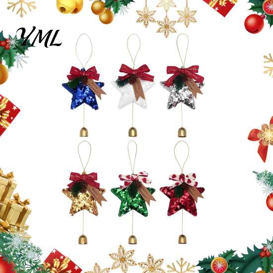 Durable Polyester Ornaments Glitter Star Bell Ornaments, Sequin Hanging Decoration with Bow Pine Seasonal Party Supplies Cone, Sparkly Christmas Tree