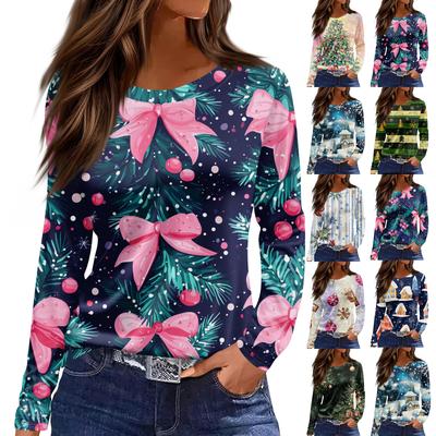 Женская модная повседневная футболка с разрезом по низу, круглым вырезом, длинными рукавами, свободного кроя, с рождественским принтом, женский топ